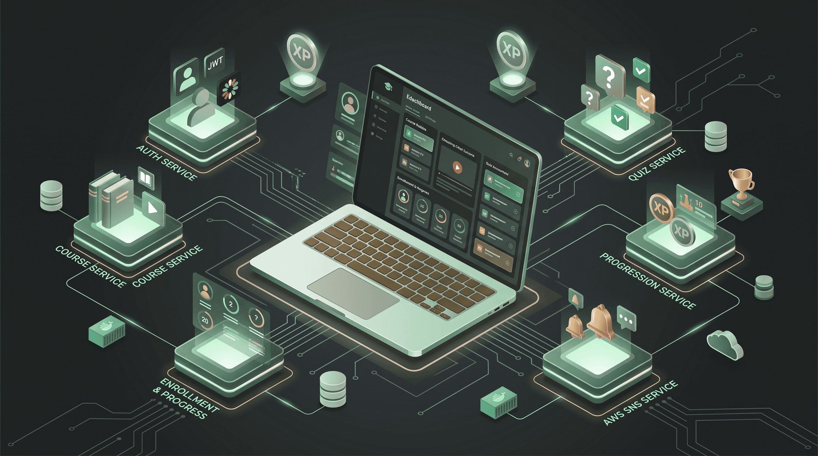 Illustration of the e-learning platform's services — auth, course, enrollment, quiz, progression and notifications — connected around a dashboard